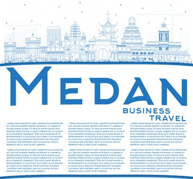 Anahat Medan Endonezya şehir manzarası ile mavi binalar ve kopya alanı. Vektör çizim. İş seyahat ve Turizm kavramı tarihi mimarisi ile. Medan Cityscape yerler ile.