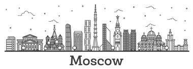 Moskova 'nın ana hatlarıyla Rusya' nın modern ve tarihsel yapıları beyaza izole edilmiş Skyline 'ı. Vektör İllüstrasyonu. Tarihi Simgelere sahip Moskova Şehri.