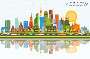 Moskova Rusya şehir manzarası ile renk binalar, mavi gökyüzü ve yansımaları. Vektör çizim. İş seyahat ve Turizm illüstrasyon Modern mimariye sahip. Moskova Cityscape yerler ile.