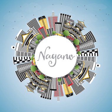 Nagano Japonya şehir manzarası renkli binalar, mavi gökyüzü ve kopya alanı. Vektör çizim. İş seyahat ve Turizm kavramı Modern mimariye sahip. Nagano Cityscape yerler ile.