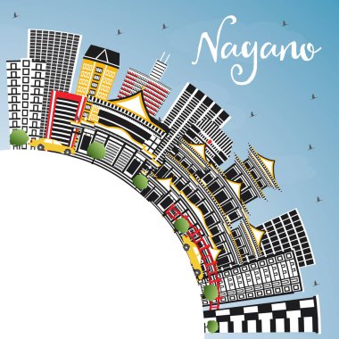 Nagano Japonya şehir manzarası renkli binalar, mavi gökyüzü ve kopya alanı. Vektör çizim. İş seyahat ve Turizm kavramı Modern mimariye sahip. Nagano Cityscape yerler ile.