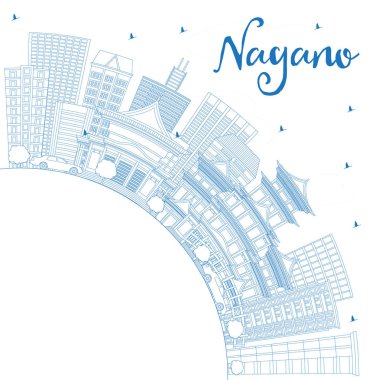 Anahat Nagano Japonya şehir manzarası ile mavi binalar ve kopya alanı. Vektör çizim. İş seyahat ve Turizm kavramı Modern mimariye sahip. Nagano Cityscape yerler ile.