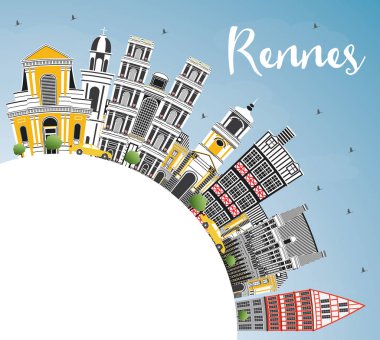 Rennes Fransa şehir manzarası renkli binalar, mavi gökyüzü ve kopya alanı. Vektör çizim. İş seyahat ve Turizm kavramı tarihi mimarisi ile. Rennes Cityscape yerler ile.
