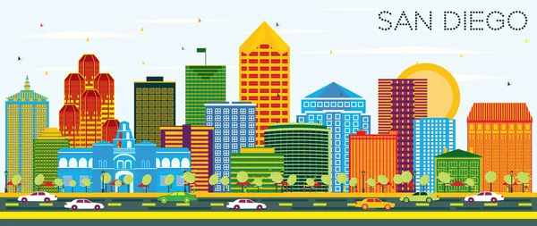 San Diego California manzarası renkli binalar ve mavi gökyüzü. Vektör çizim. İş seyahat ve Turizm kavramı Modern mimariye sahip. San Diego Cityscape yerler ile.