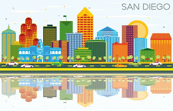 San Diego California manzarası renkli binalar, mavi gökyüzü ve yansımaları ile. Vektör çizim. İş seyahat ve Turizm kavramı Modern mimariye sahip. San Diego Cityscape yerler ile.
