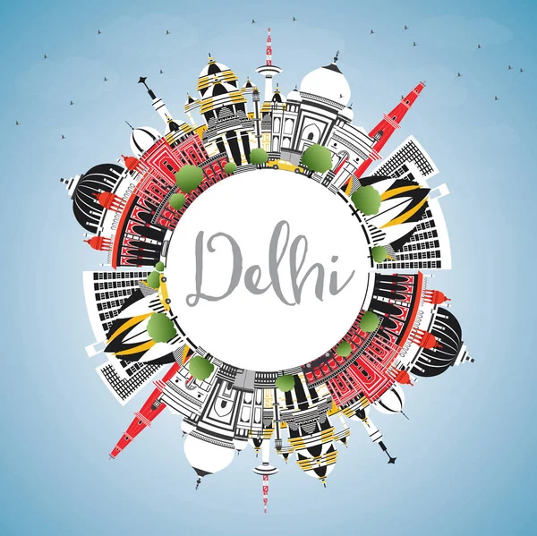 Delhi Índia City Skyline Com Edifícios Cores Céu Azul Espaço —  Vetores de Stock
