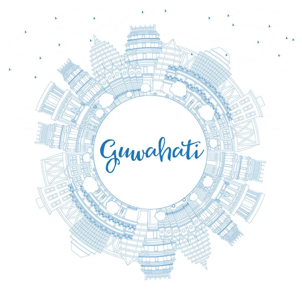 Anahat Guwahati Hindistan şehir manzarası ile mavi binalar ve kopya alanı. Vektör çizim. İş seyahat ve Turizm kavramı tarihi mimarisi ile. Guwahati Cityscape yerler ile.