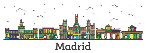 Umriss Madrid Spanien Stadtsilhouette Mit Farbigen Gebäuden Isoliert Auf Weiß — Stockvektor