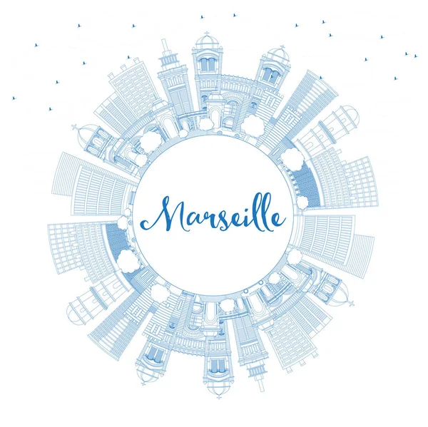 青い建物やコピー スペース概要マルセイユ フランス都市スカイライン ベクトルの図 ビジネス旅行や歴史的建造物を観光概念です ランドマークとマルセイユ都市景観 — ストックベクタ