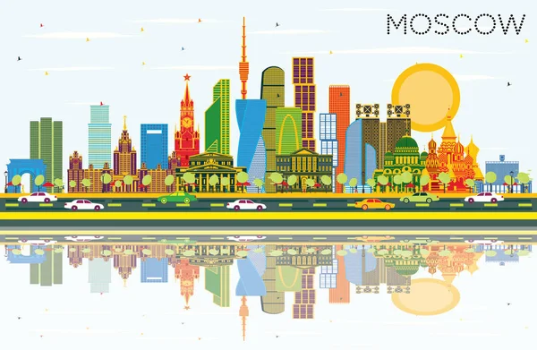 色の建物 青空の反射とモスクワ ロシア街のスカイライン ベクトルの図 ビジネス旅行や近代的な建物の観光図 モスクワ市街のランドマークと — ストックベクタ