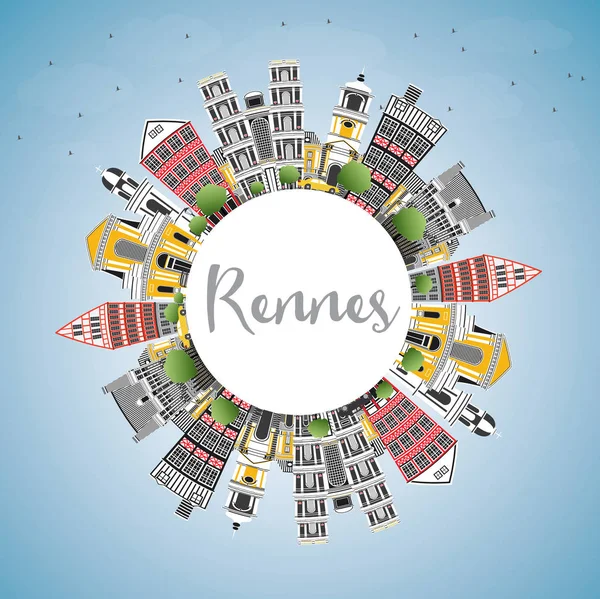 レンヌ フランス都市スカイライン コピー スペース 青空色の建物 ベクトルの図 ビジネス旅行や歴史的建造物を観光概念です ランドマークとレンヌ都市景観 — ストックベクタ