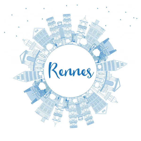 Anahat Rennes Fransa şehir manzarası ile mavi binalar ve kopya alanı. Vektör çizim. İş seyahat ve Turizm kavramı tarihi mimarisi ile. Rennes Cityscape yerler ile.