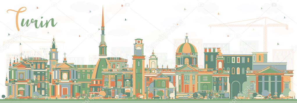 Turin Italy City Skyline with Color Buildings. Vector Illustration. Business Travel and Tourism Concept with Modern Architecture. Turin Cityscape with Landmarks.