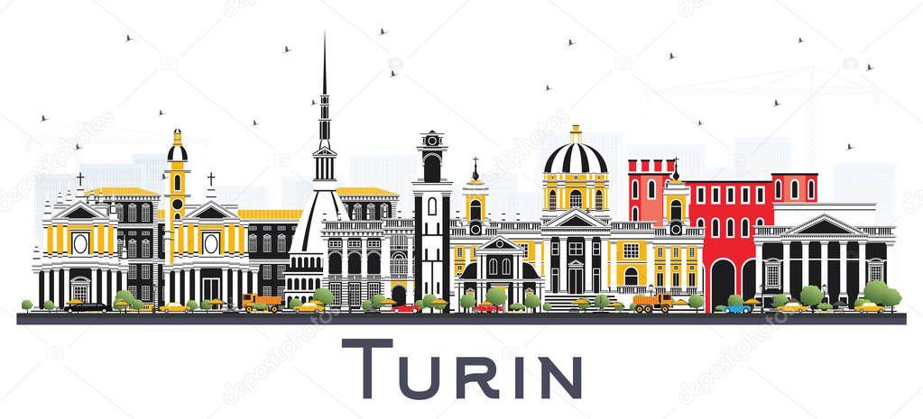 Turin Italy City Skyline with Color Buildings Isolated on White. Vector Illustration. Business Travel and Tourism Concept with Modern Architecture. Turin Cityscape with Landmarks.