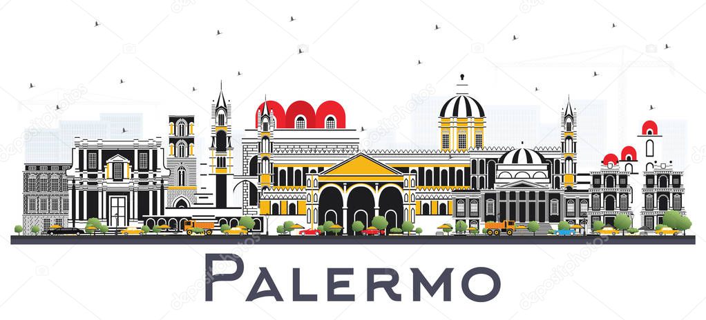 Palermo Italy City Skyline with Color Buildings Isolated on White. Vector Illustration. Business Travel and Tourism Concept with Historic Architecture. Palermo Sicily Cityscape with Landmarks.