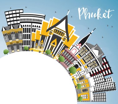 Phuket Tayland şehir manzarası renkli binalar, mavi gökyüzü ve kopya alanı. Vektör çizim. İş seyahat ve Turizm kavramı Modern mimariye sahip. Phuket Cityscape yerler ile.