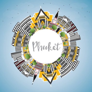 Phuket Tayland şehir manzarası renkli binalar, mavi gökyüzü ve kopya alanı. Vektör çizim. İş seyahat ve Turizm kavramı Modern mimariye sahip. Phuket Cityscape yerler ile.