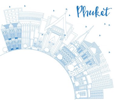 Anahat Phuket Tayland şehir manzarası ile mavi binalar ve kopya alanı. Vektör çizim. İş seyahat ve Turizm kavramı Modern mimariye sahip. Phuket Cityscape yerler ile.