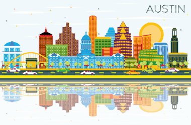 Austin Texas manzarası renkli binalar, mavi gökyüzü ve yansımaları ile. Vektör çizim. İş seyahat ve Turizm kavramı Modern mimariye sahip. Austin Cityscape yerler ile.