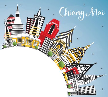 Chiang Mai Tayland şehir manzarası renkli binalar, mavi gökyüzü ve kopya alanı. Vektör çizim. İş seyahat ve Turizm kavramı Modern mimariye sahip. Chiang Mai Cityscape yerler ile.