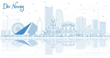 Anahat Da Nang Vietnam şehir manzarası ile mavi binalar ve yansımaları. Vektör çizim. İş seyahat ve Turizm kavramı Modern mimariye sahip. Da Nang Cityscape yerler ile.