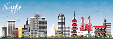 Renkli Binalar ve Mavi Gökyüzü ile Ningbo China City Skyline. Vektör İllüstrasyonu. Tarihi Mimariyle İş Seyahati ve Turizm Konsepti. Simgeli Ningbo Şehir Alanı.