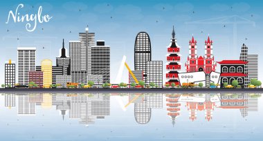 Renkli Binaları, Mavi Gökyüzü ve Yansımaları olan Ningbo China City Skyline. Vektör İllüstrasyonu. Tarihi Mimariyle İş Seyahati ve Turizm Konsepti. Simgeli Ningbo Şehir Alanı.