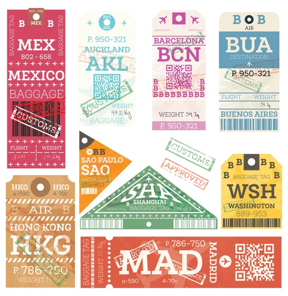 复古行李标签 矢量插图 行李标签来自墨西哥 奥克兰 巴塞罗那 布宜诺斯艾利斯 圣保罗 马德里和华盛顿特区 — 图库矢量图片