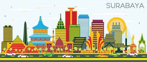 Surabaya Indonesia Skyline Dengan Color Buildings Dan Blue Sky Vector - Stok Vektor