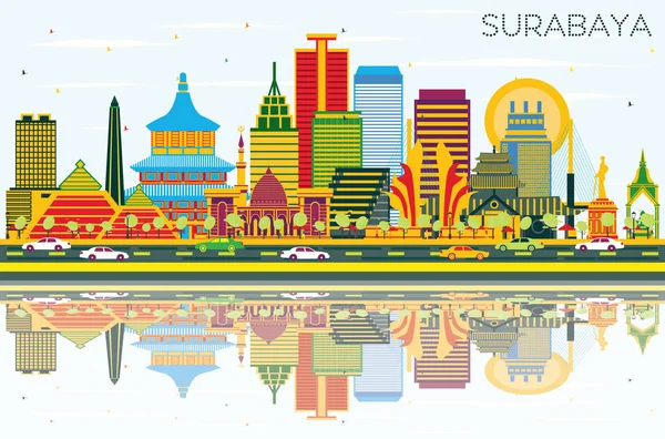 色の建物 青空の反射とスラバヤ インドネシア スカイライン ベクトルの図 ビジネス旅行と観光コンセプト モダンな建築 スラバヤのランドマークと都市の景観 — ストックベクタ