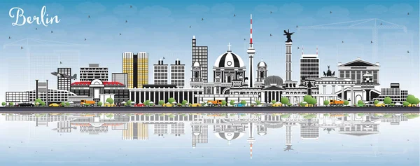 Berlin Almanya Gri Binalar, Mavi Gökyüzü ve Yansımaları ile Skyline. Vektör İllüstrasyonu. Tarihi Mimariyle İş Seyahati ve Turizm Konsepti. Tarihi Simgelerle Berlin Şehri.