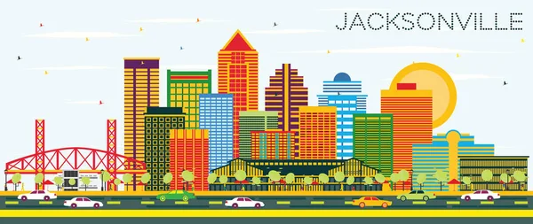 色の建物と青空にフロリダ州ジャクソンビルのスカイライン ベクトルの図 ビジネス旅行と観光コンセプト モダンな建築 ランドマークとジャクソンビル都市景観 — ストックベクタ