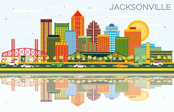 Jacksonville Florida Skyline Con Edificios Color Cielo Azul Reflexiones Ilustración — Vector de stock