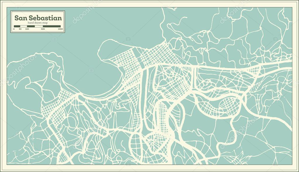 San Sebastian Spain City Map in Retro Style. Outline Map. Vector Illustration.