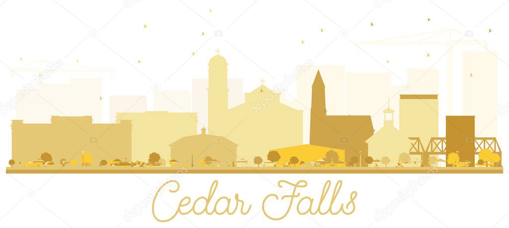 Cedar Falls Iowa skyline Golden silhouette. Vector illustration. Business travel concept. Cedar Falls Cityscape with landmarks.