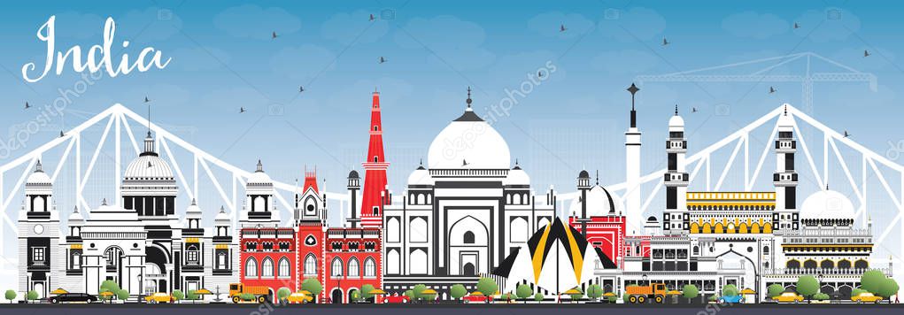 India City Skyline with Color Buildings and Blue Sky. Delhi. Hyderabad. Kolkata. Vector Illustration. Travel and Tourism Concept with Historic Architecture. India Cityscape with Landmarks.