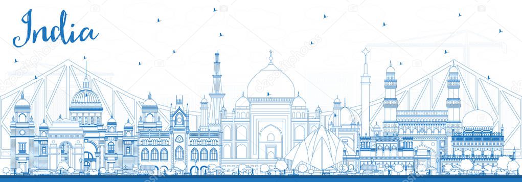 Outline India City Skyline with Blue Buildings. Delhi. Hyderabad. Kolkata. Vector Illustration. Travel and Tourism Concept with Historic Architecture. India Cityscape with Landmarks.