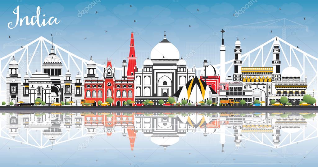 India City Skyline with Color Buildings, Blue Sky and Reflections. Delhi. Hyderabad. Kolkata. Vector Illustration. Travel and Tourism Concept with Historic Architecture. India Cityscape with Landmarks.
