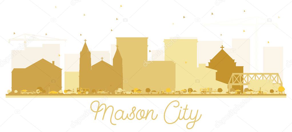 Mason City Iowa skyline Golden silhouette. Vector illustration. Simple flat concept for tourism presentation, banner, placard or web site. Business travel concept. Cityscape with landmarks.