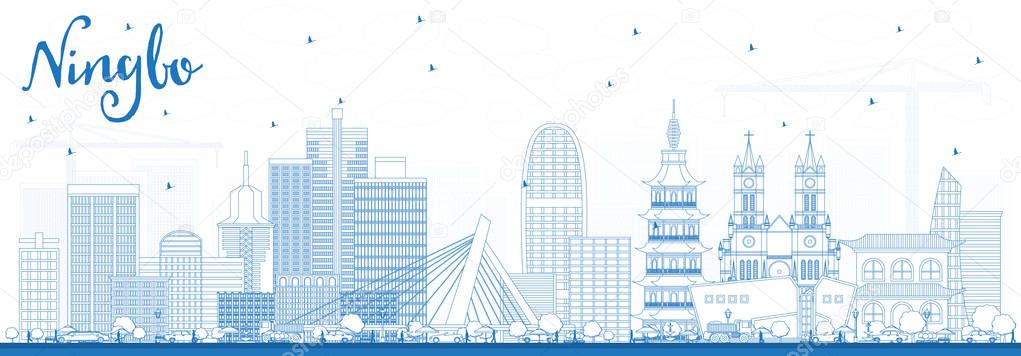 Outline Ningbo China City Skyline with Blue Buildings. Vector Illustration. Business Travel and Tourism Concept with Historic Architecture. Ningbo Cityscape with Landmarks.
