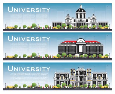 Üniversite kampüs çalışma afiş ve ayarlayın. Vektör çizim. Öğrenciler Üniversite ana binaya gidin. Mavi gökyüzü ve yeşil ağaç manzarası. Kopya alanı ile banner.