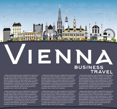 Viyana Avusturya şehir manzarası renkli binalar, mavi gökyüzü ve kopya alanı. Vektör çizim. İş seyahat ve Turizm kavramı tarihi mimarisi ile. Viyana Cityscape yerler ile.