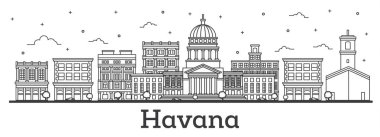 Havana Cuba City Skyline 'ın ana hatları. Beyaz üzerine izole edilmiş tarihi binalar. Vektör İllüstrasyonu. Tarihi Simgelerle Havana Şehir Manzarası.