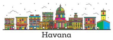 Anahat Havana Küba şehir manzarası ile renk üzerine beyaz izole binalar. Vektör çizim. Havana Cityscape yerler ile.