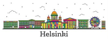 Anahat Helsinki Finlandiya şehir manzarası ile renk üzerine beyaz izole binalar. Vektör çizim. Helsinki Cityscape yerler ile.