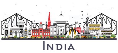 Hindistan şehir manzarası ile renk üzerine beyaz izole binalar. Delhi. Hyderabad. Kolkata. Vektör çizim. Seyahat ve Turizm kavramı tarihi mimarisi ile. Hindistan Cityscape yerler ile.