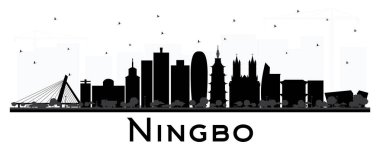 Ningbo Çin şehir manzarası ile siyah beyaz izole binalar. Vektör çizim. İş seyahat ve Turizm kavramı tarihi mimarisi ile. Ningbo Cityscape yerler ile.