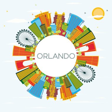 Orlando Florida şehir manzarası renkli binalar, mavi gökyüzü ve kopya alanı. Vektör çizim. İş seyahat ve Turizm kavramı Modern mimariye sahip. Orlando Cityscape yerler ile.