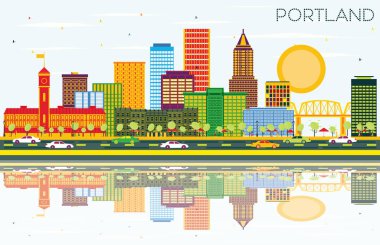 Portland Oregon şehir manzarası ile renk binalar, mavi gökyüzü ve yansımaları. Vektör çizim. İş seyahat ve Turizm kavramı Modern mimariye sahip. Portland Cityscape yerler ile.