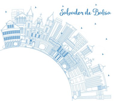 Anahat Salvador de Bahia şehir manzarası ile mavi binalar ve kopya alanı. Vektör çizim. Seyahat ve Turizm kavramı tarihi mimarisi ile. Salvador de Bahia Cityscape yerler ile.